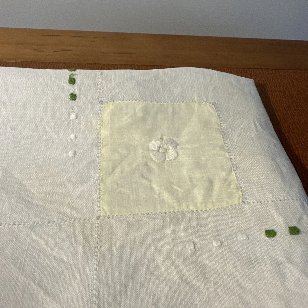 Vtg Hand Embroidered & Quilted Small Tablecloth‎ 32 By 32